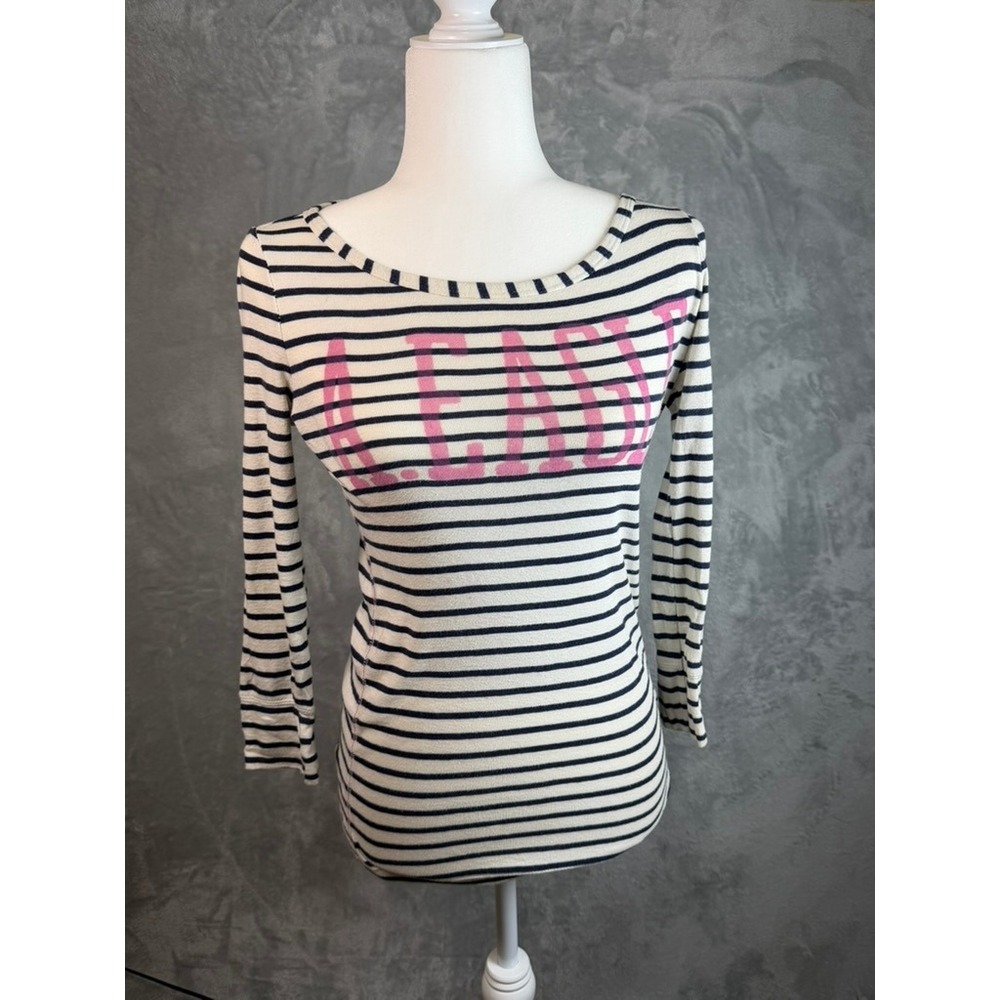 AMERICAN EAGLE Top Women S Cream Navy‎ Stripe Pink AEast Graphic Boatneck Long